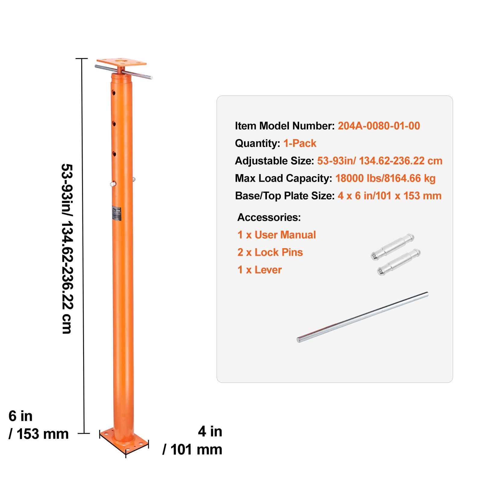 House Floor Jack,53"-93"Height Range,18000 lbs Max Load Capacity,Adjustable Support Beam Basement Jack Post Pole for Leveling,Lift Support Steel Telescoping Jack Post for Temporary Support