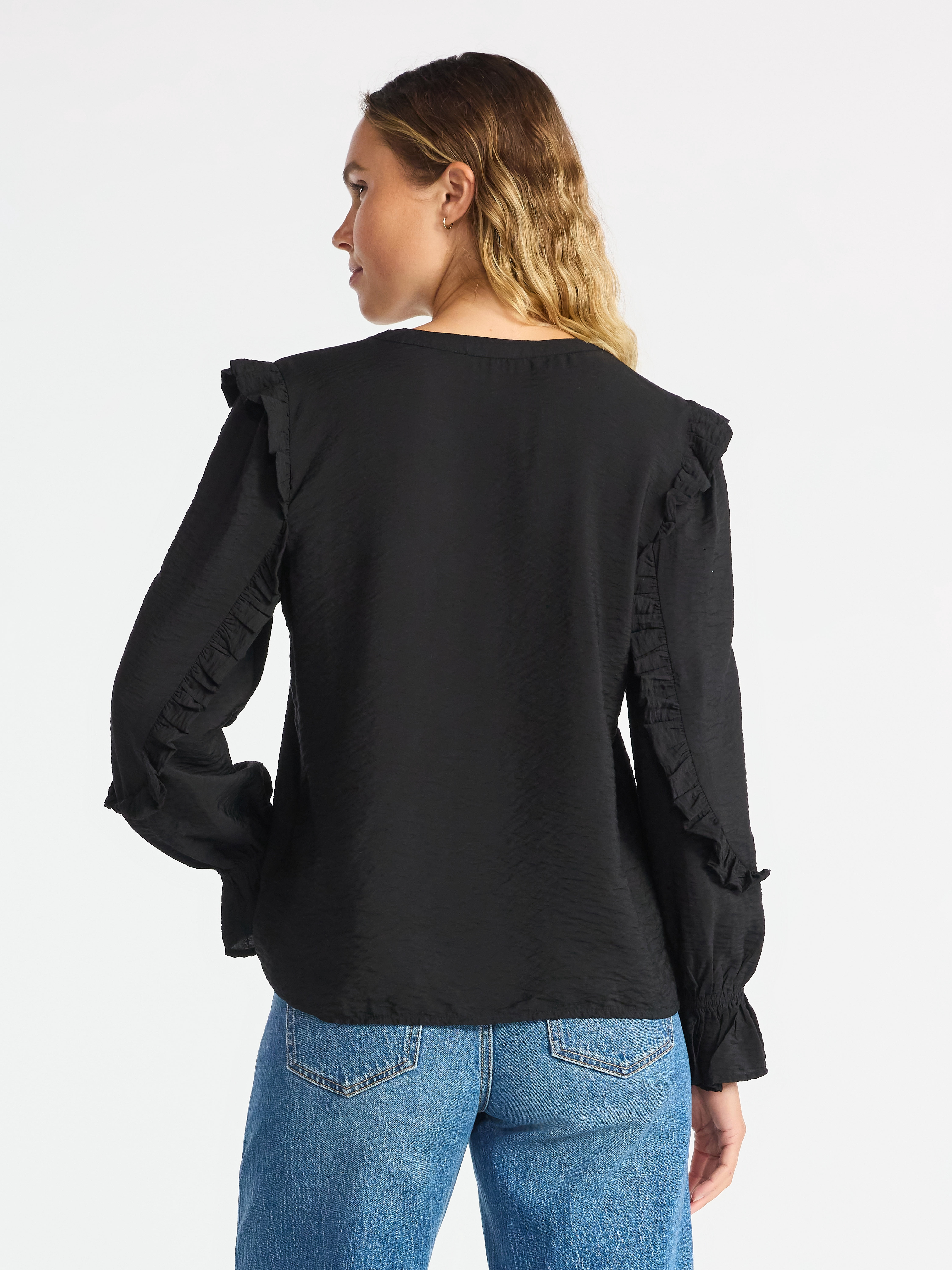Time and Tru Women's Pintuck Ruffle Blouse with Long Sleeves, Sizes XS – XXXL