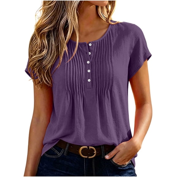 Dpjklzsn Women's Pintuck Short Sleeve Blouse, Half Button Crewneck Shirt with Pleated Front for Casual Summer Wear