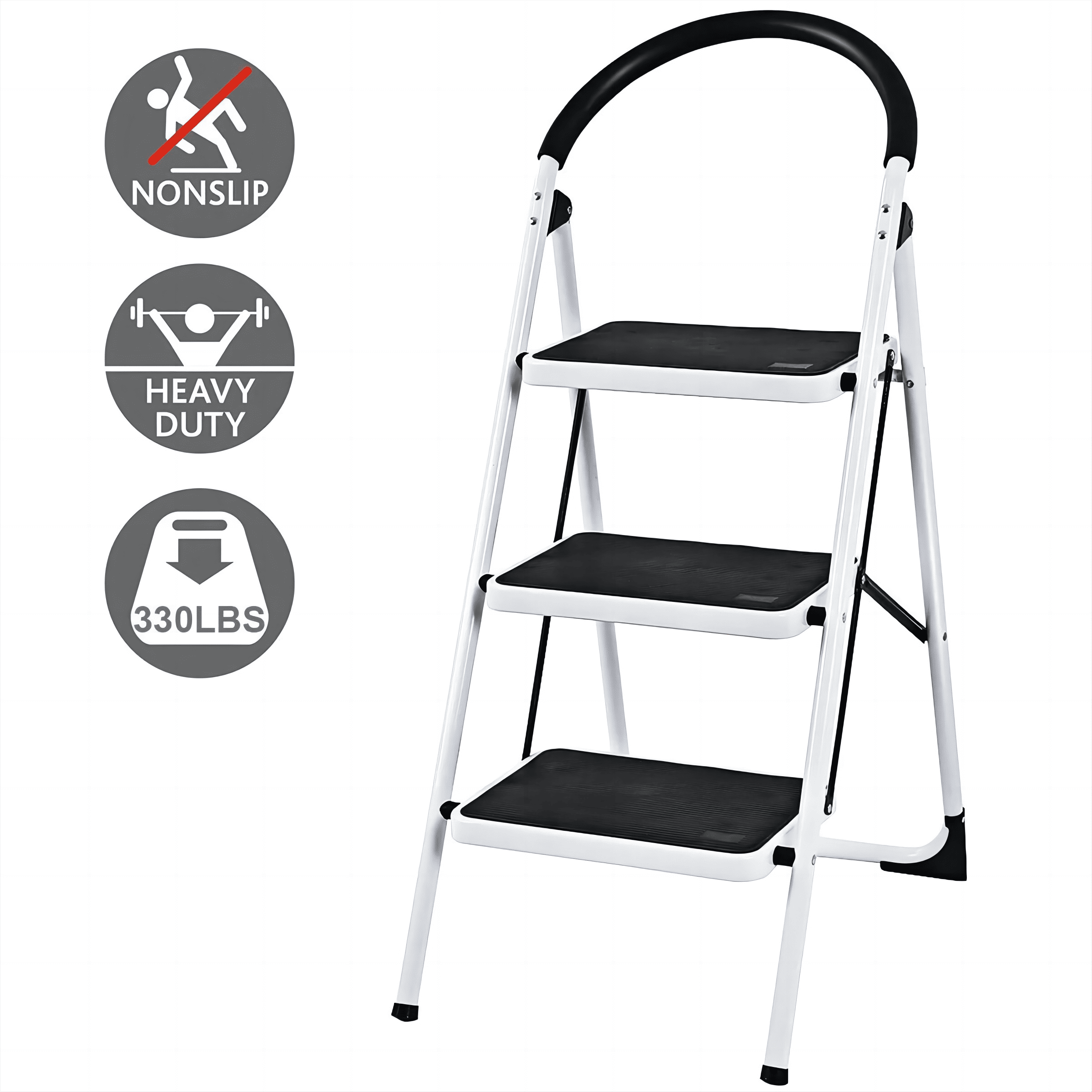 HONGGE 3 Step Ladder Folding Step Stool Heavy Duty 330Lbs Capacity Industrial Lightweight