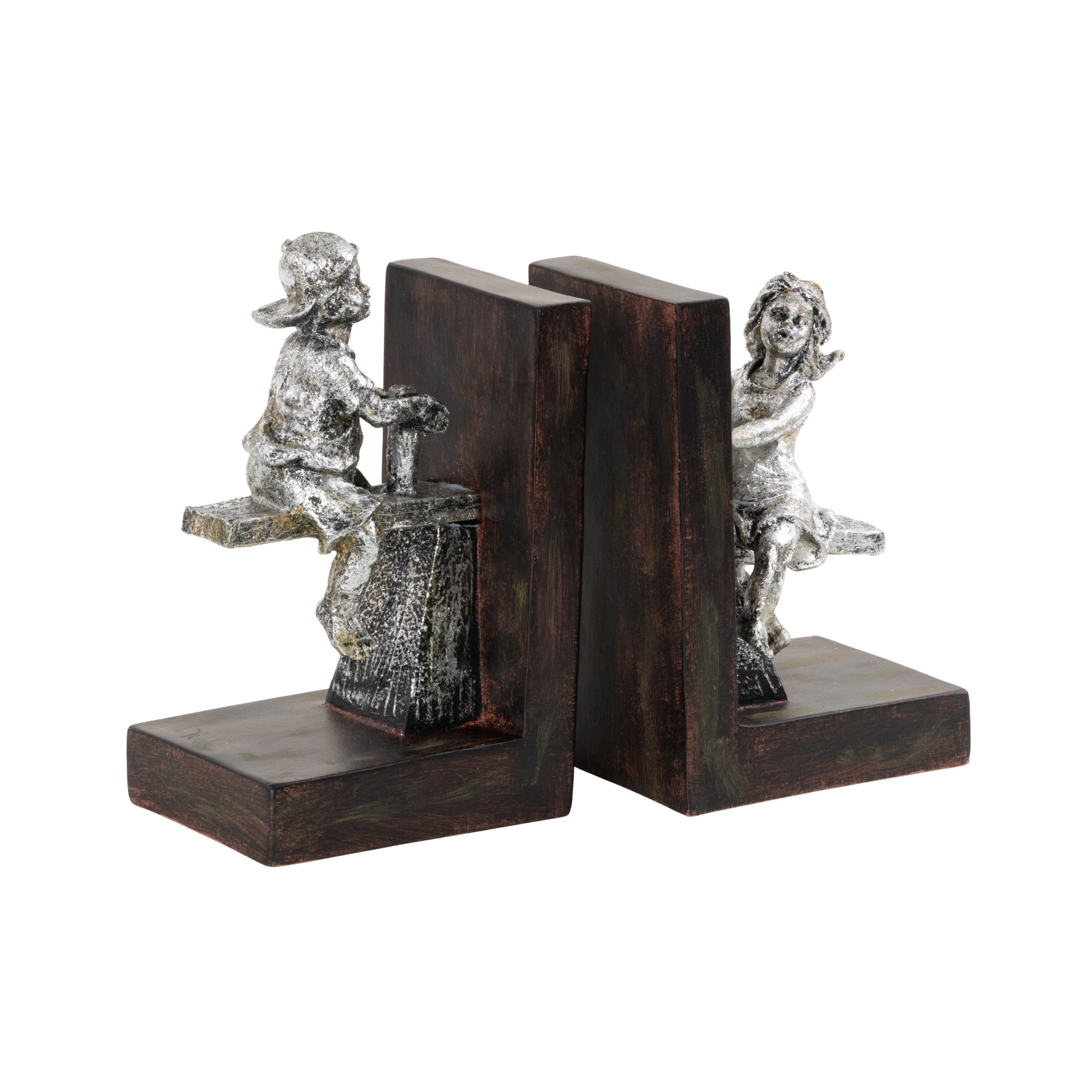 DecMode 4" People Brown Polystone Bookends with Swing Set (Set of 2)
