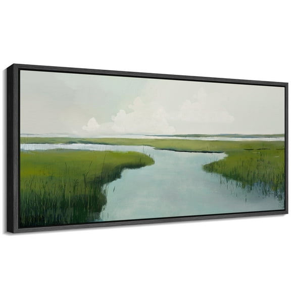 Large Framed Canvas Print Tranquil Nature Scene in Soft GreensWall Art Decorative Ready to Hang Painting for Living room Bedroom 60x30 inches Black Frame