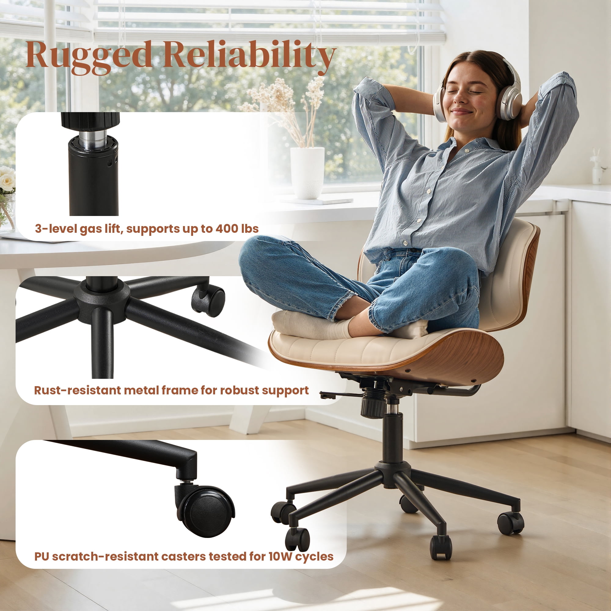 XIZZI Home Office Chair, Armless Mid-Century Ergonomic Desk Chair with 3" Thick Cushion, Premium PU Leather Mid Back 360 Swivel Computer Chair with Walnut Design, Ribbed White