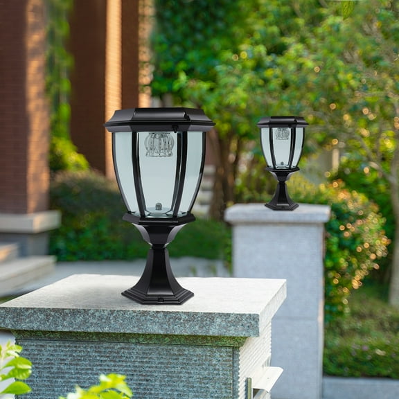 Outdoor Post Solar Light 15.7" H Post Light Fixture Large Exterior Lamp Column Solar Light Lantern with Base Glass Lampshade IP55 Waterproof Pillar Light for Outside(Black)