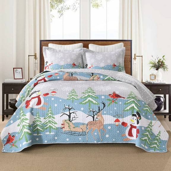 3 Pcs Winter Wonderland Reversible Bedspread Set Christmas Quilt BY215