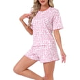 thumbnail image 4 of INSPIRE CHIC Womens Pajama Set Short Sleeves Ruffle Loose Fit Round Neck Ruffled Hem Delicate Loungewear Shirt and Shorts 2 Pcs L Pink, 4 of 6