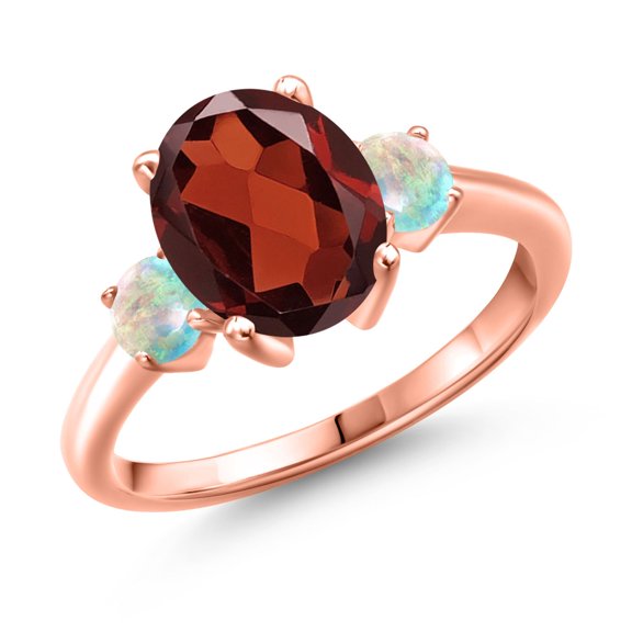 Gem Stone King 3.30 Ct Oval Red Garnet White Simulated Opal 18K Rose Gold Plated Silver Ring (Size 8)