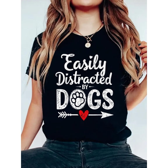 100% Cotton Easily Distracted By Dogs Vintage Tee Funny Dog Joke Men Women T-Shirt Women's Graphic Tee Casual Tops