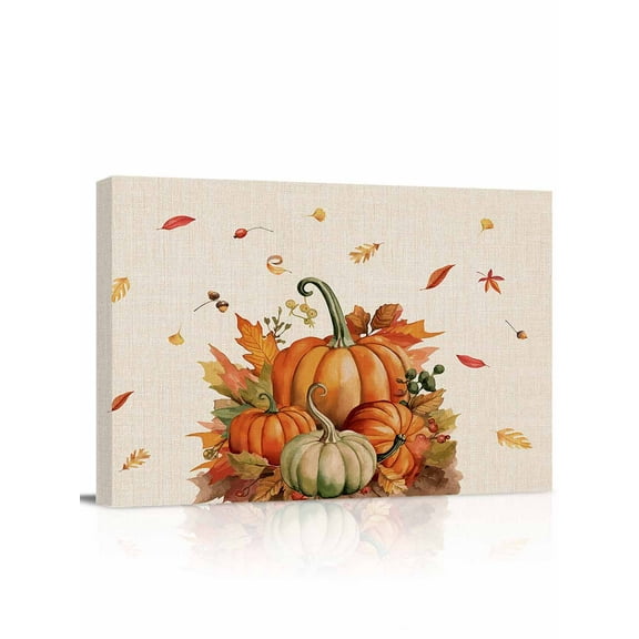 Fall Thanksgiving Canvas Print Wall Art Framed Canvas Art Wall Decor Pumpkin Watercolor Botanical Maple Leaves Pictures Painting Morden Artwork for Living Room Bedroom, Ready to Hang - 12"x16"