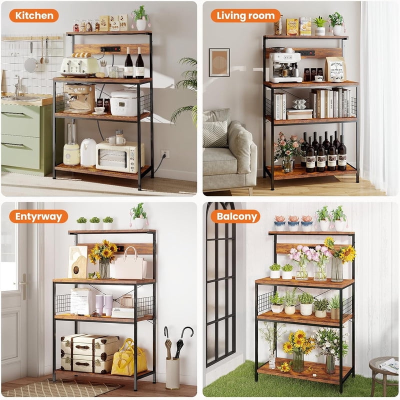 Simenmax 31.5" Kitchen Bakers Rack with Power Outlet, 4-Tier Adjustable Microwave Stand, Coffee Bar Station, Brown Storage Shelf Appliance Organizer
