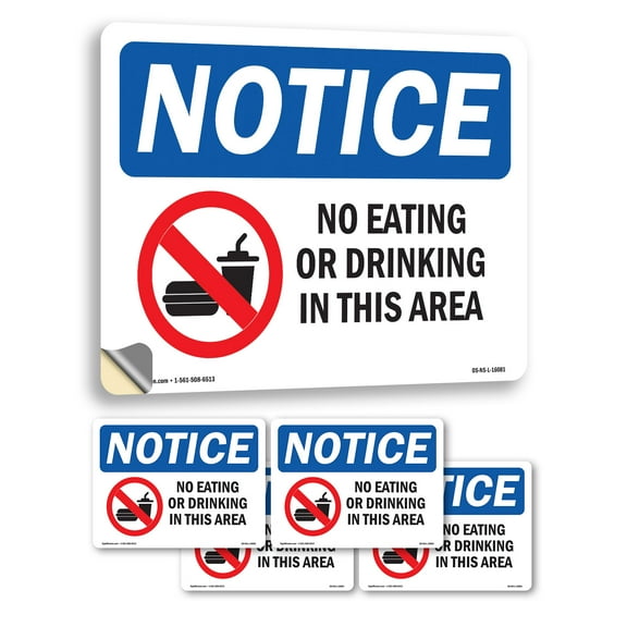 No Eating Or Drinking In This Area OSHA Notice Vinyl Decal Label 10 Inch x 7 Inch - 5 Pack