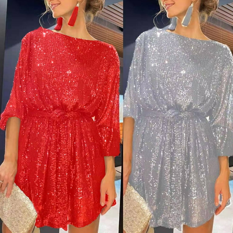 Womens Puff Long Sleeve Sparkly Glitter Sequins Loose Mini Short Dress with  Belt - Walmart.com