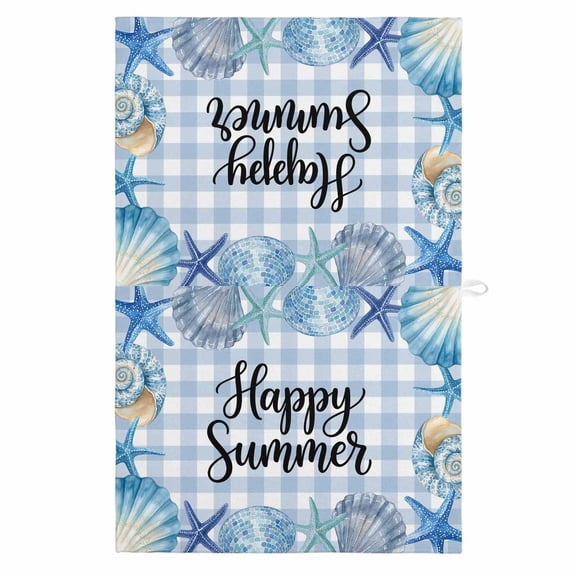 Summer Ocean 1 Pack Kitchen Towel, Water Absorbent Dish Towel, Blue Coastal Starfish Seashell Conch Plaid Decorative Hand Towels - Quick Drying Cloth for Cooking Baking, 18x28 Inch