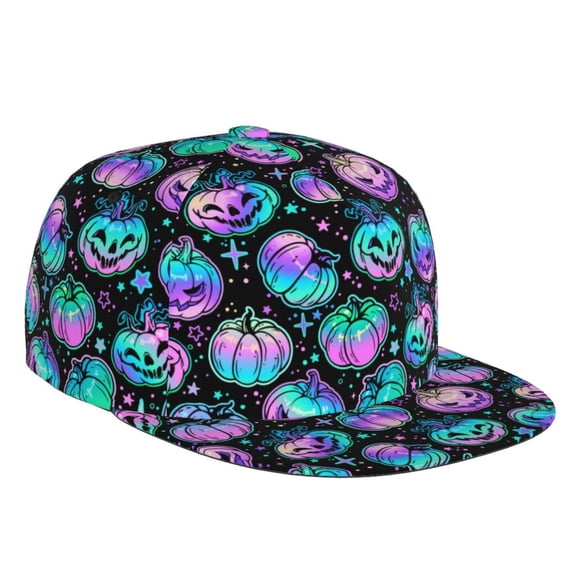 Flat Bill Trucker Hats for Women Men - halloween pumpkin colorful pink Adjustable Flat Baseball Cap Snapback Hats Dad Hats for Men