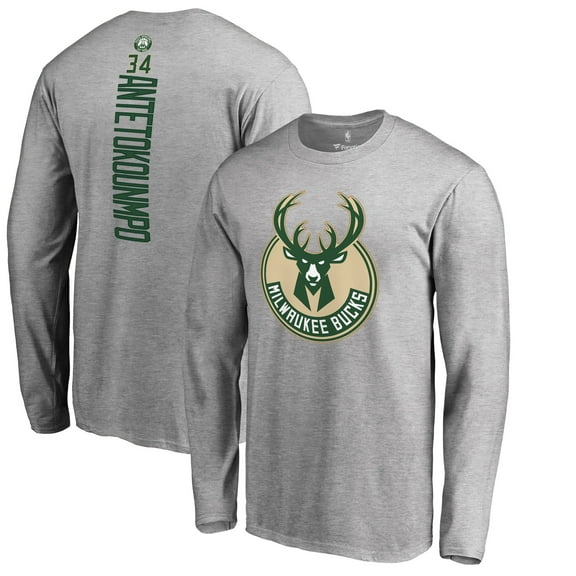 Men's Giannis Antetokounmpo Heathered Gray Milwaukee Bucks Team Backer Name & Number Long Sleeve T-Shirt