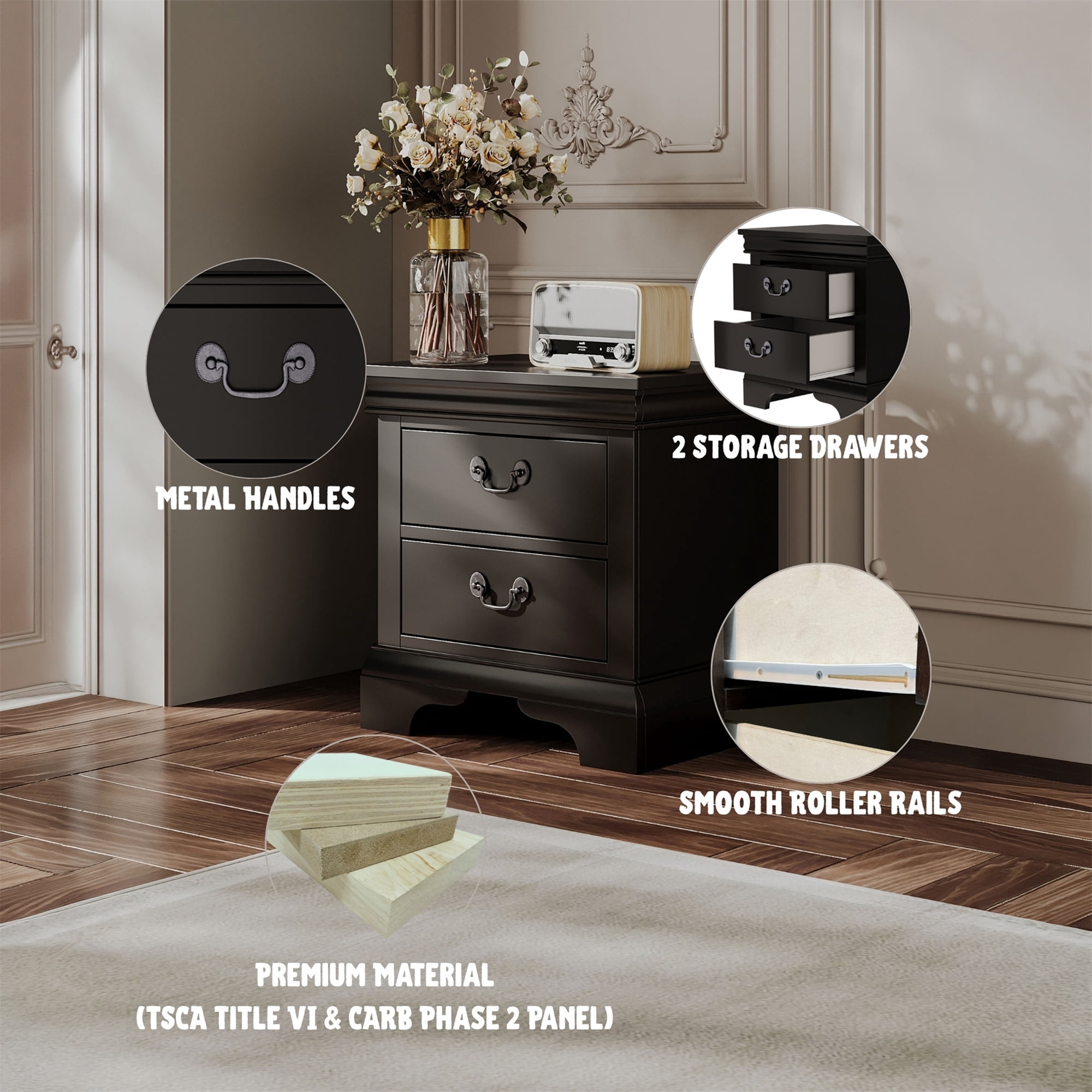 Traditional 2-Drawer Black Nightstand with Storage