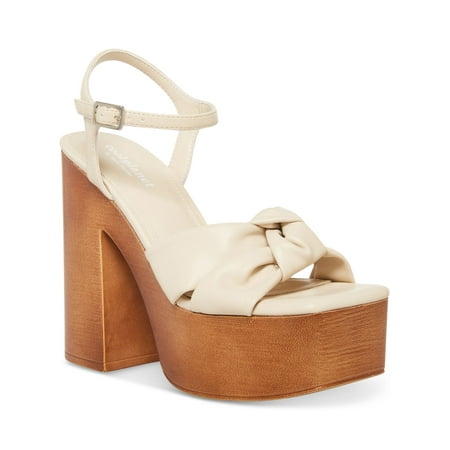

COOL PLANET BY STEVE MADDEN Womens Ivory Knot 2 Wood-Like Platform Ankle Strap Padded Jilly Square Toe Block Heel Buckle Heeled Sandal 9.5 M