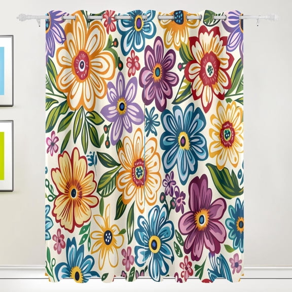 Colorful Floral Print Flowers Black Out Curtains 84 Inch Length Curtains for Sliding Glass Doors Bedroom Living Room 2 Pack