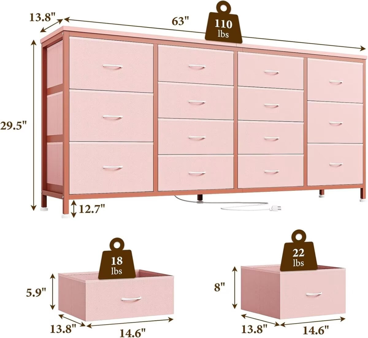 Dresser TV Stand for up to 75 Inch TV, 14 Drawer Dresser with Power Outlets & Wood Top, Long Fabric Dresser Organizer for Bedroom, Living Room, Entryway, Pink