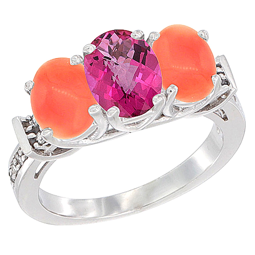 10K White Gold Natural Pink Topaz & Coral Sides Ring 3-Stone Oval Diamond Accent, sizes 5 10 by WorldJewels