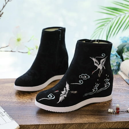 

Woman Casual Shoes Vintage Canvas Lady Embroidered Zipper Shoes Chinese Style Wedge Platform Shoes Hanfu Ancient Boots Women (Single 1806-05 black 5.5(CN36))