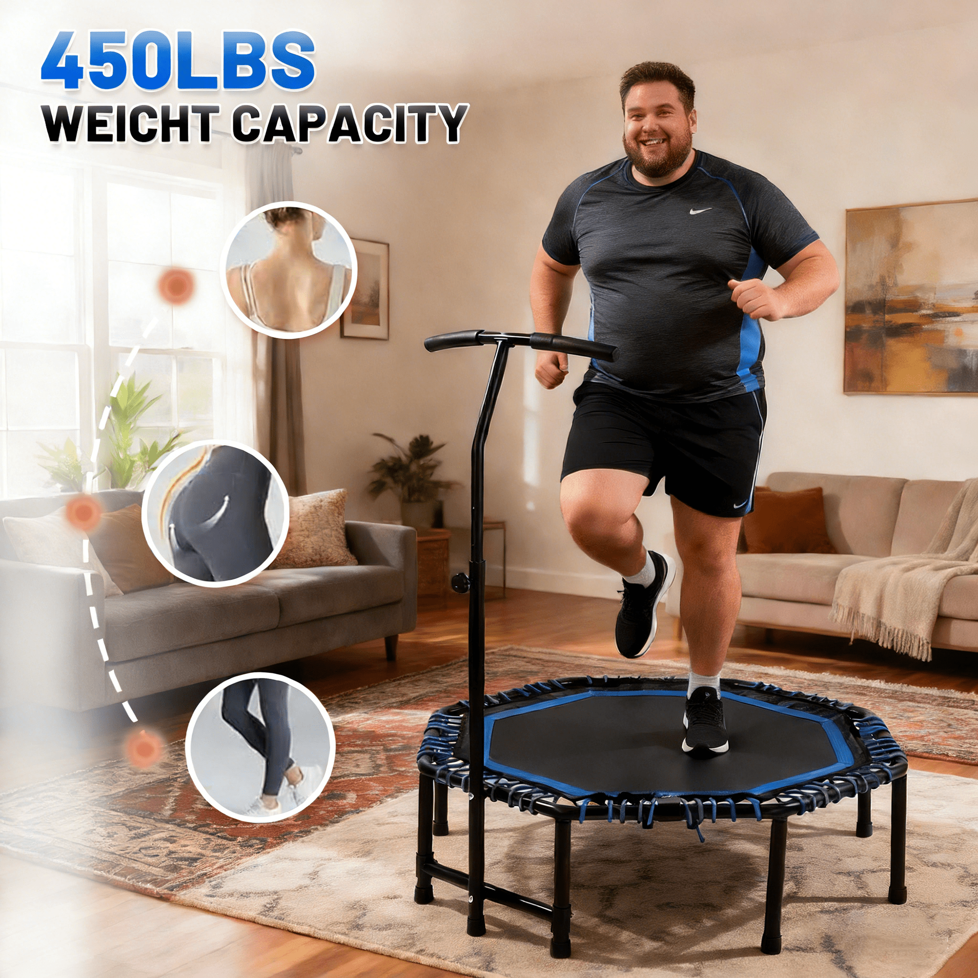 Mersco 48'' Foldable Fitness Trampoline With Adjustable Handlebar for Adults, 450LBS Indoor Sports Trampoline With Durable Bungee Ropes,Quiet Exercise Rebounder for Cardio and Strength Training ,Blue