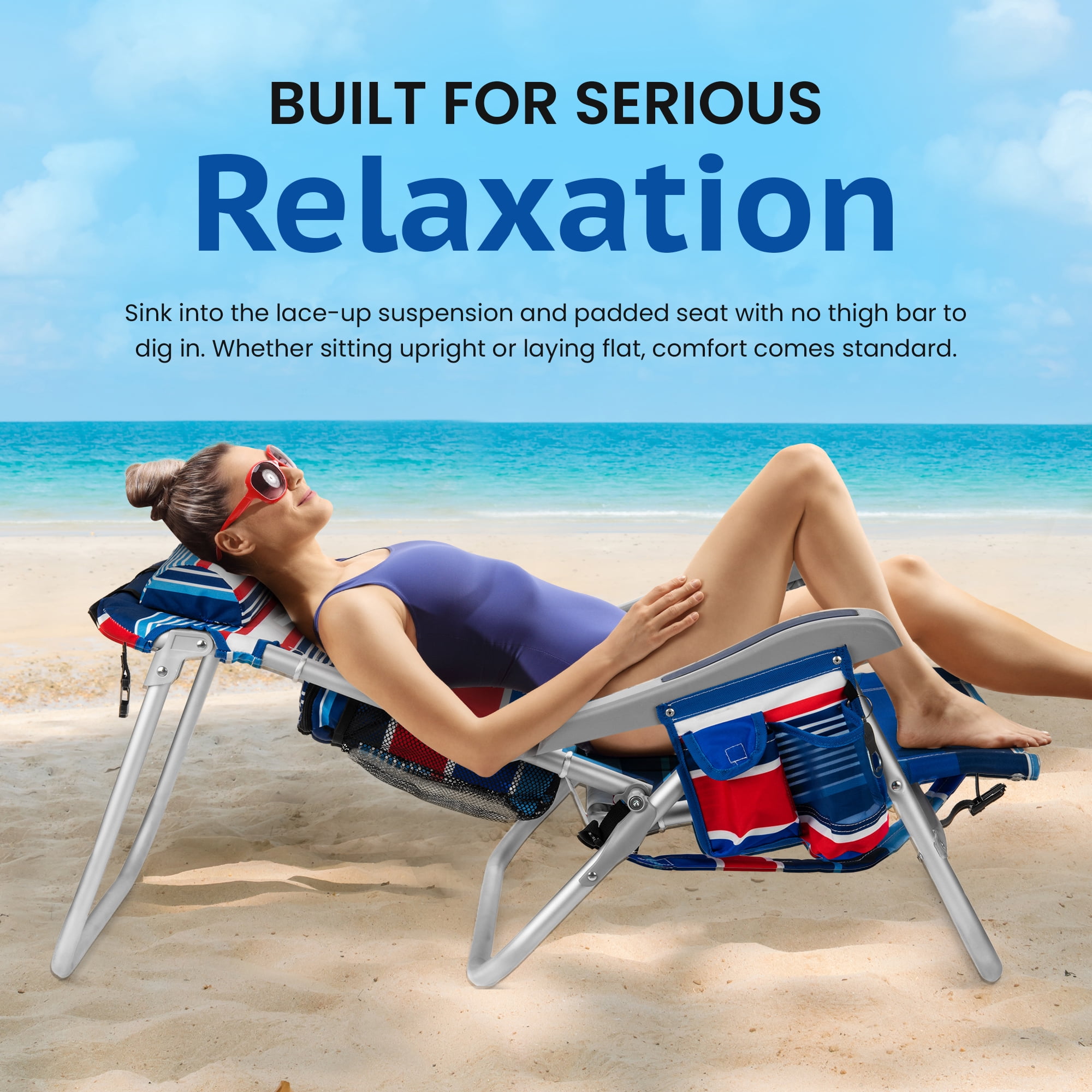 Homevative Cooler+ Folding Backpack Beach Chair with 5 Positions, Towel bar, XL Cooler Pouch, Storage Net, Cup and Phone