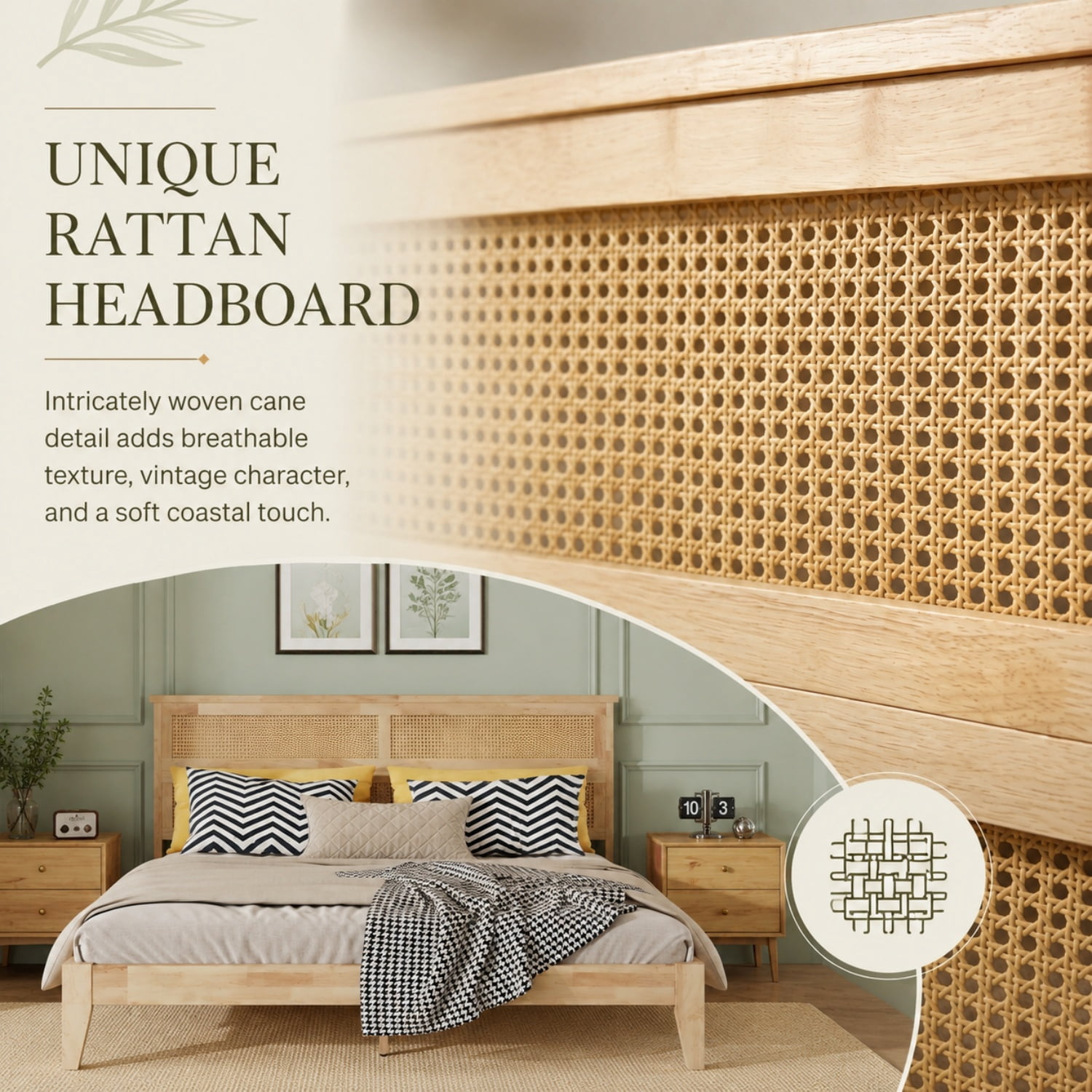 Miniyam King Size Rubber Wood Bed Frame with Rattan-Style Woven Headboard, Natural