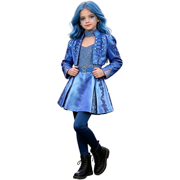 Guvpev Halloween Princess Costume for G'irls, Royal Blue Princess Cosplay Dress up Outfit with 3D Prints Blue Jacket, Sleeves Short, Dress & Pants, Halloween Party Costume for Cospaly & Birthday