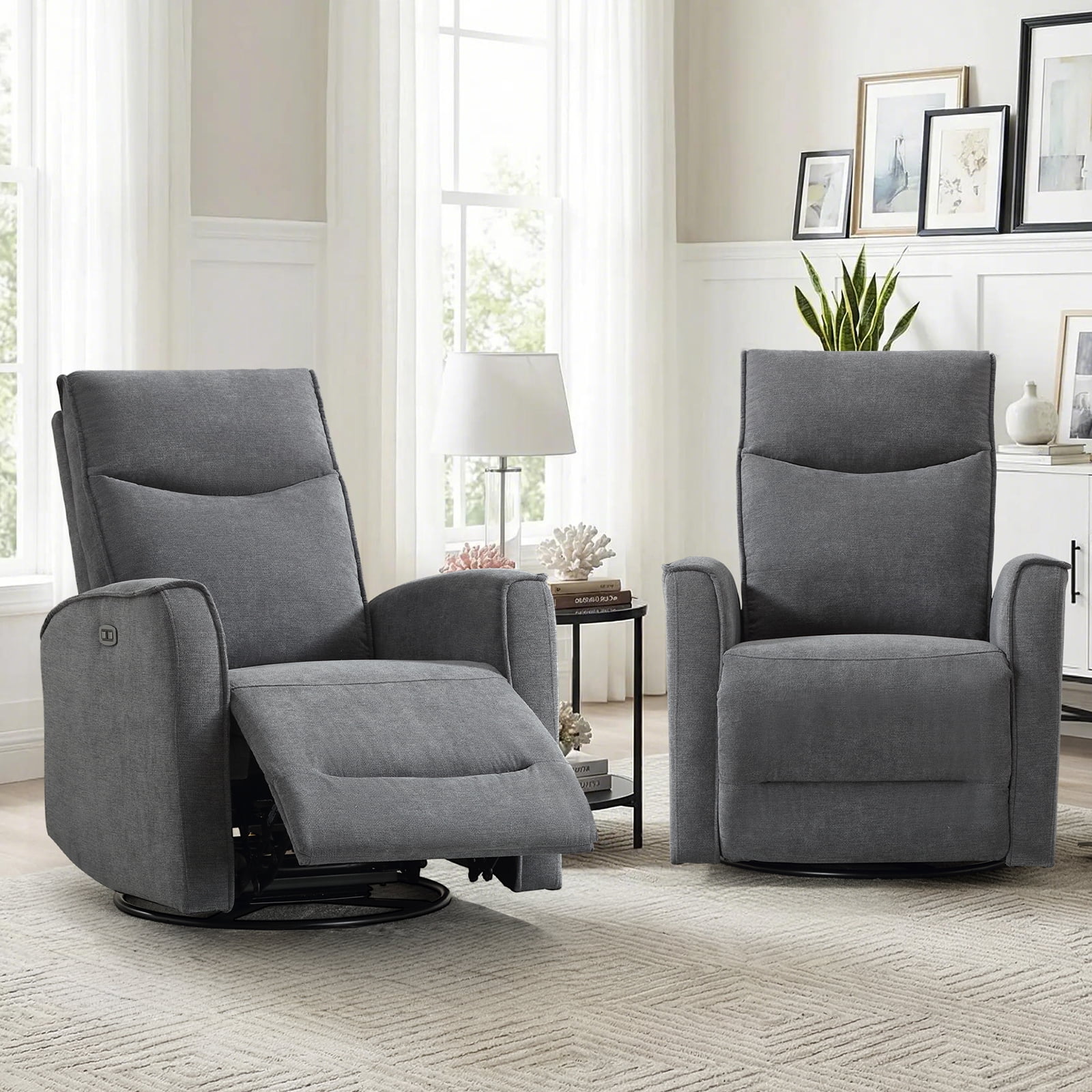 Bonzy Home Electric Recliner Chair Set of 2, 270° Swivel Recliner Fabric Living Room Sofa Chair with USB Ports, Gray