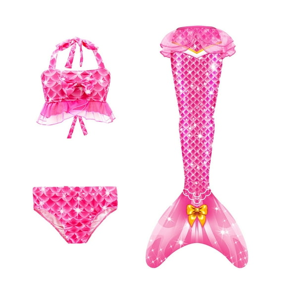 Luvoko Child Girls Solid Bathing Suits, Realistic Mermaid Tail Orange Girls Skirt Set Cheeky Bikini Bottoms Underwire Bathing Suit 3 Piece Bikini Blue Swimsuit(Hot Pink,4-5 Years)