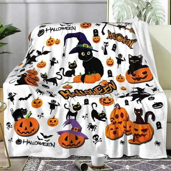 Halloween Blanket Cat Ghost Pumpkin Bat Halloween Flannel Throw Blankets Cozy Soft for Bedroom Bed Sofa Decorations 50 "X40"