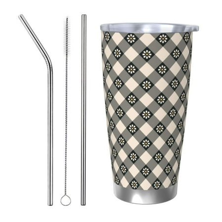 

Uemuo Daisy Plaid Black Print Travel Coffee Mug 20oz Double-walled Car Cup Stainless Steel Insulated Tumbler Leak-proof Travel Cup Reusable Straw Car Cup-Straw Three-piece Set