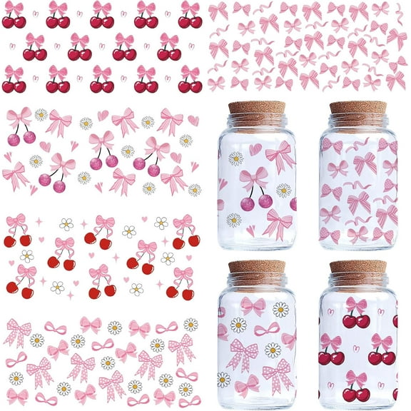5 Sheets Pink Rub On Transfers UV DTF Cup Wraps for 16OZ Glass Cups Bowknot Cherry Heart Flower Waterproof PVC Bottle Wrap Decal Transfer Stickers for Friends Besties 4.33x9.44 Inch