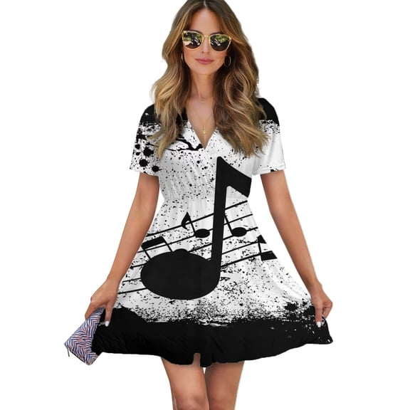 Music Note Women Dress V-Neck Short Sleeve Flowy Swing Party Midi Dress