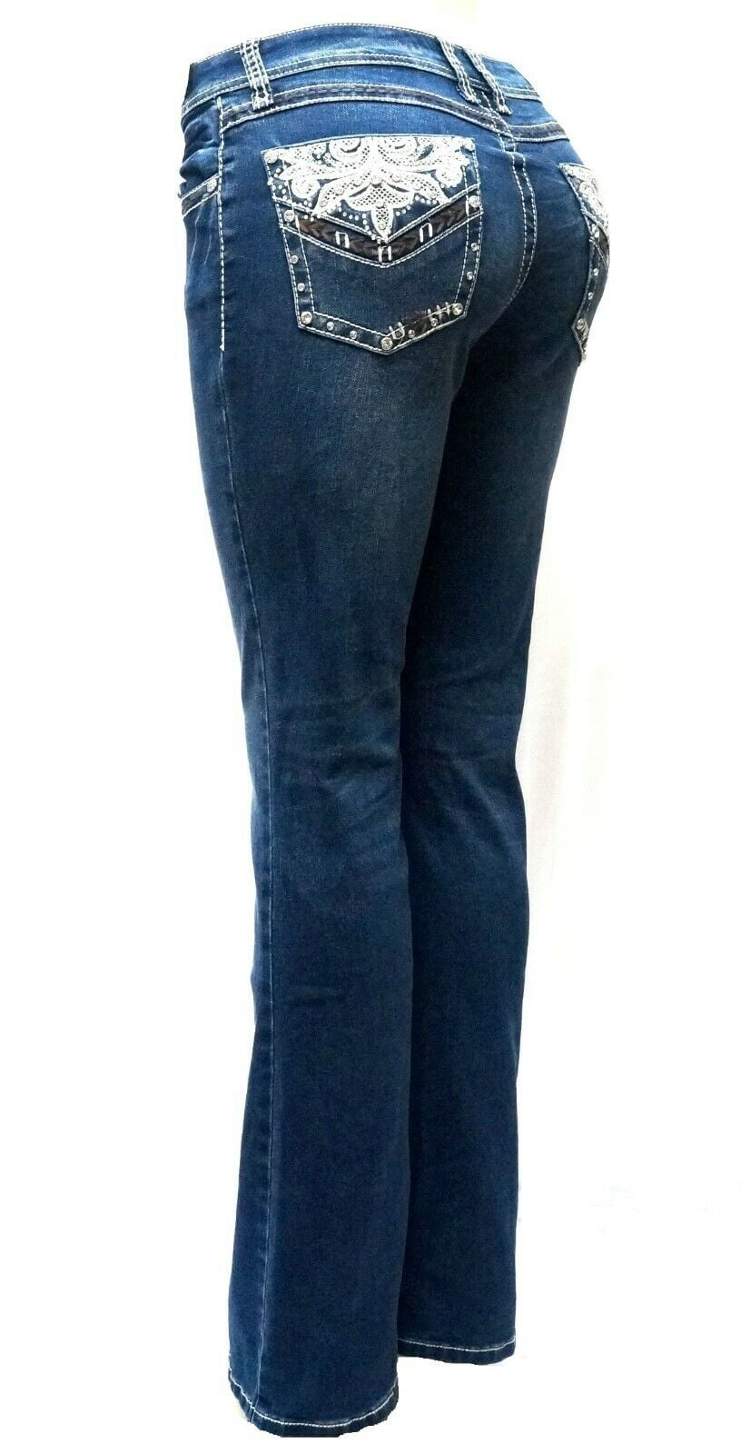 Jack David Rhinestone Studs Dark Wash Denim Flap Pocket Bootcut Jeans ...