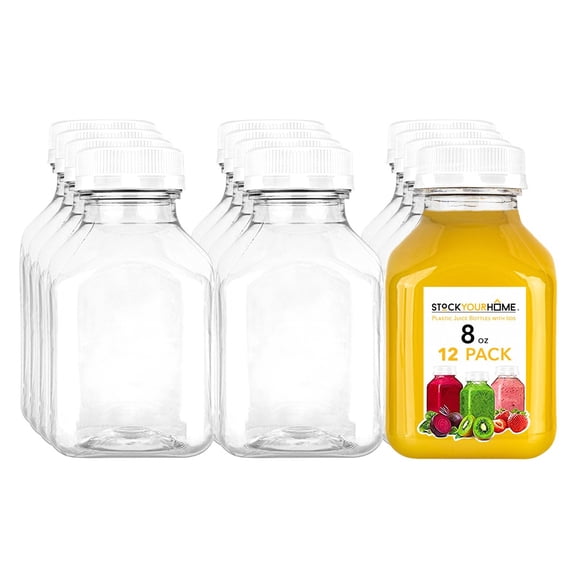 Reusable Clear Juice Bottles with Caps for Juicing & Smoothies, , 8 Ounce Empty Plastic Drink Containers for Mini Fridge, Juicer Shots, Small Water Bottles Bulk 8 oz (12 Pack)
