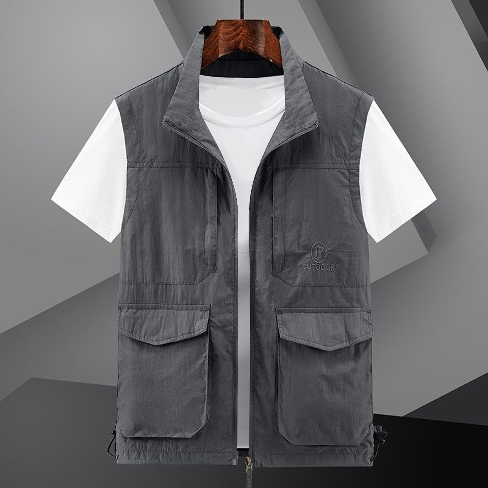 Mens Casual Sports Vest Pocket Fishing Vest Solid Color Zipper