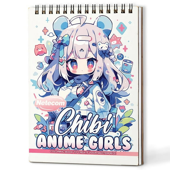 Netecom Chibi Anime Girls Coloring Book Spiral Bound for Adults and Anime Fans, A5 Wooden Cover, 30 Adorable Anime Characters Coloring Pages of Chibi Adventures for Stress Relief and Relaxation