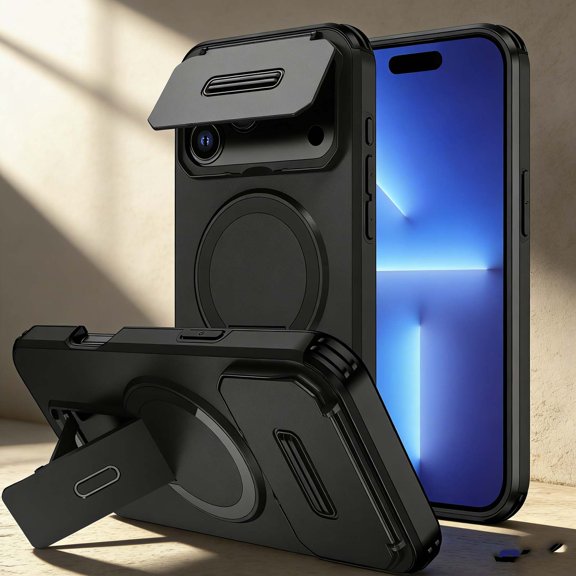 For iPhone 17 Pro Max Phone Case,Compatible With Mag-Safe,With Contractile Kickstand,Camera Cover,Heavy Duty Shokcproof Anti-fall Drop Protection,Non-slip Rugged Phone Case Cover,Black