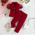 thumbnail image 3 of Huowey Girls Jumpsuits Two Piece Stylish Clothing Sets Short Mesh Puff Sleeve Notched Collar Cute Bow Belt Button Jacket Tops And Wide Leg Trousers Fashionable Cozy Suits,Red,3-4 Years, 3 of 5