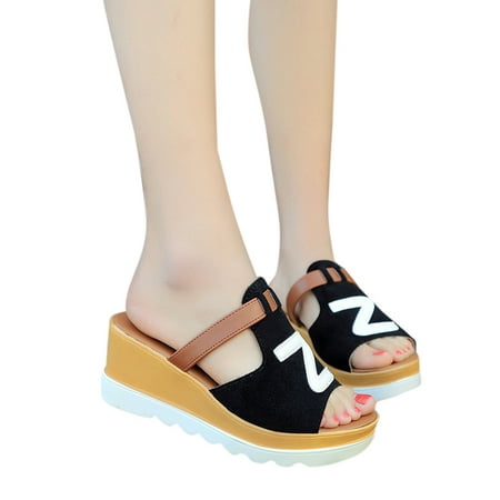 

YTJX Women Fashion Solid Color Wedges Peep Toe Flatform Shoes Sandals Slipper Black
