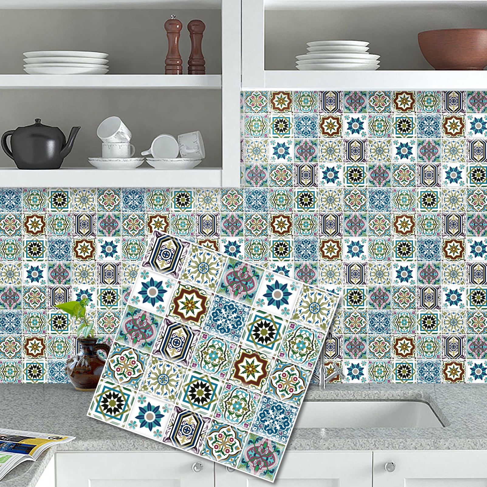 DEWOO 10PCS Mandala Tile Stickers, Peel and Stick Self Adhesive Removable Moroccan Tiles Backsplash Waterproof Oil Proof for Bathroom & Kitchen Wall Stickers Home Decor