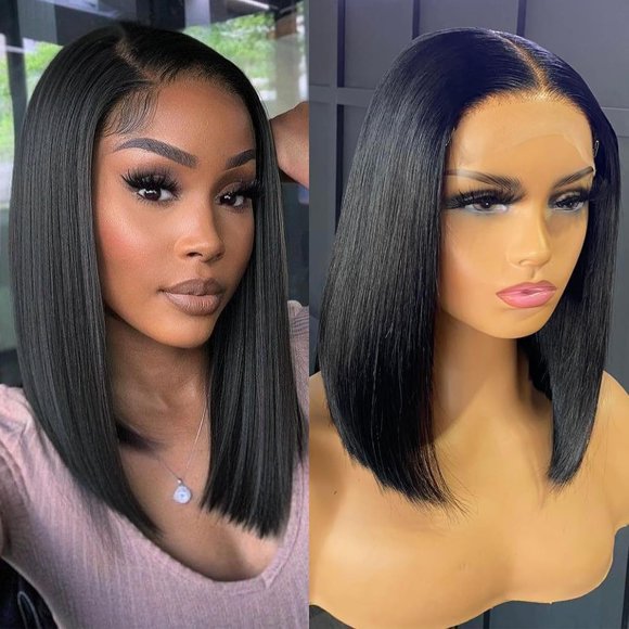 Yanonmyfd Bob Lace Front Wigs Human Hair Pre Plucked Glueless 13x4 HD Lace Frontal Wig With Baby Hair 150% Density Straight Short Bob Wigs For Black Women (Natural Black Bob Wig, 8 Inch)