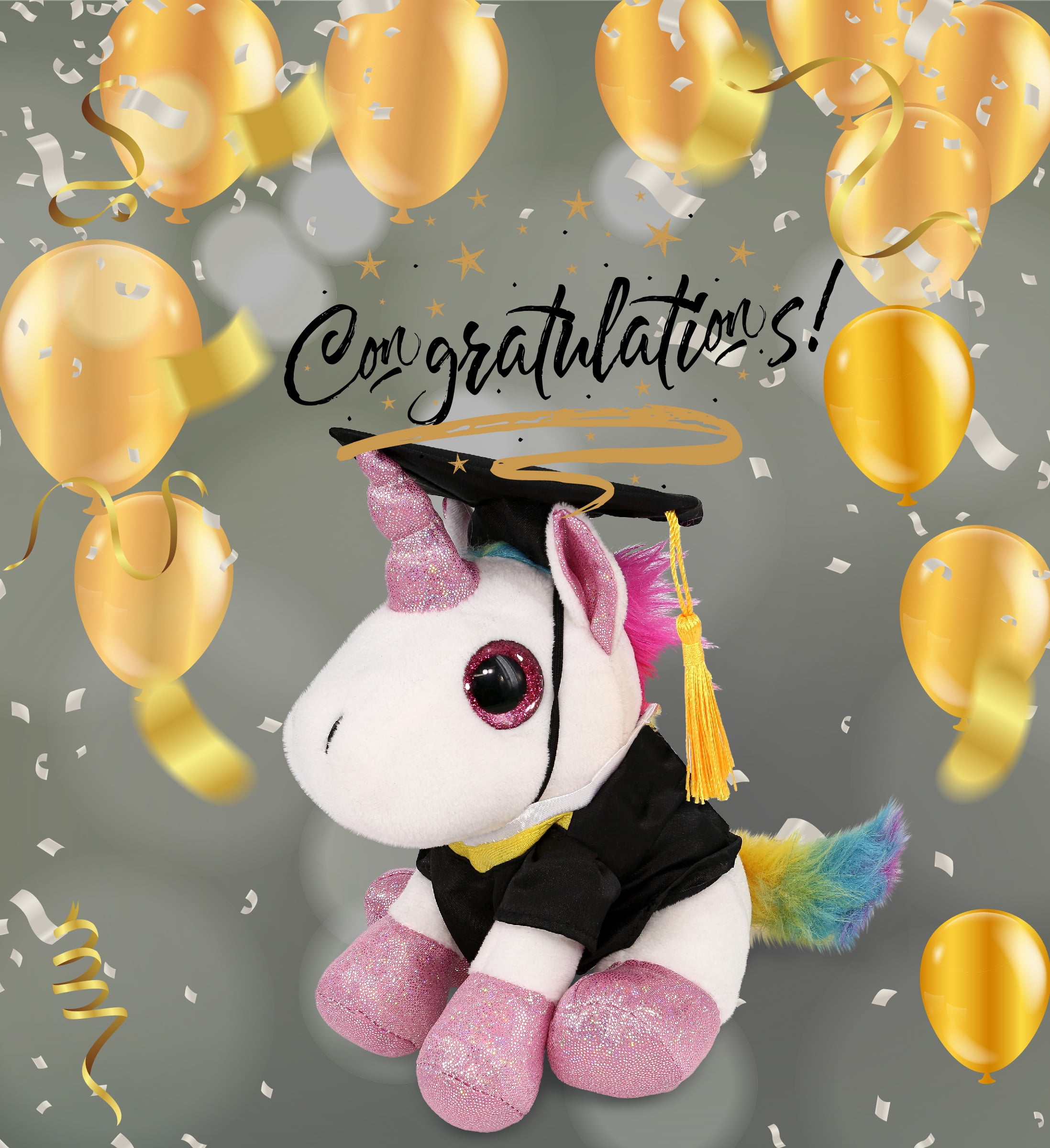 DolliBu Sparkle Eyes White Unicorn Graduation Plush Toy - Super Soft Graduation Stuffed Animal Dress Up Gown and Cap with Tassel - Cute Congratulatory Graduation Gift - 8 Inches