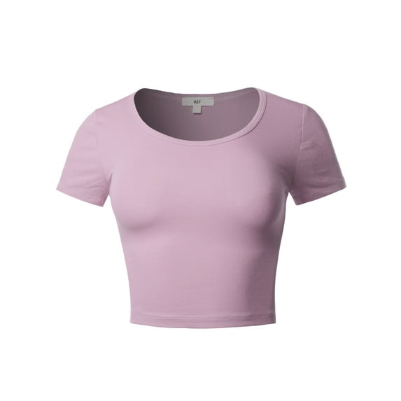 A2Y Women's Basic Cute Scoop Neck Cotton Short Sleeve Crop Top Dusty Lavender L