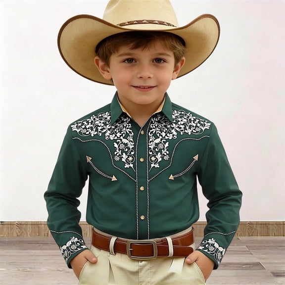 Boys T Shirts Boys Western Cowboy Print Long Sleeve Button Down Shirt Boys' Tops Army Green 4-5 Years