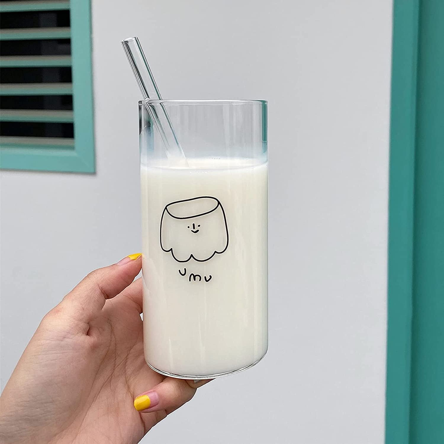 Glass Straw Cup Water Cup Glass Water Cup Accompanying Cup Korean Style Ins Printed Letter Glass Straw Cup Large Capacity Milk Cup Breakfast Cup, Size