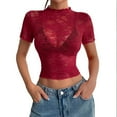 thumbnail image 2 of Hopshose Summer Women's Lace Floral Trim Short Sleeve Semi Sheer Top, 2 of 9