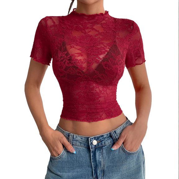 TKLPEHG Womens Summer Tops Half High Collar Lace Splicing Thin Top Leisure Solid Color Graphic Tee Short Sleeve Blouses Fashion Lightweight Regular Blouses (Red,S)